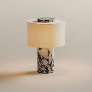 Marble Lamp, Stone Travertine Table Lamps Collection - Modern Cylindrical Lampshade Flower Sculpture Cordless Luxury  Design Bedside Lamp Gifts for Home Decor, Bedroom, Living Room & Office  Minimalist