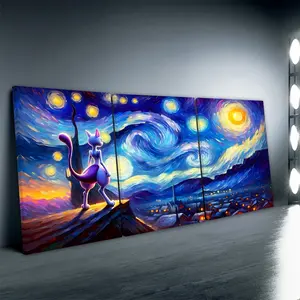 3pcs/Set Wooden Framed, van gogh style Abstract Cat Wall Art Canvas Painting, Cute Starry Night Cat Art Poster Print Wall Pictures, Ideal For Bathroom, Bedroom, Office, Living Room, Wall, Room, Home Decoration, Instantly Enhance Your Space!