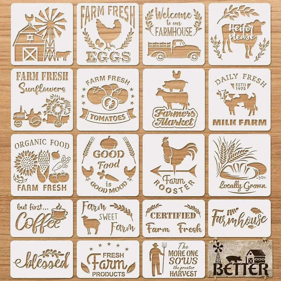 New! 20pcs Farmhouse Stencil Farm Theme Reusable Stencils Painting Wood Cow Sunflower Vintage Truck