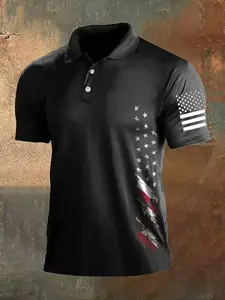Men's American Flag Pattern Short Sleeve Polo Shirt, Fashion Casual Sports Style, Fitted Design for Daily Wear and Outdoor Activities, Golf Polo