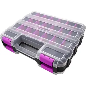 Tools Organizer Box Small Parts Storage Box 50-Compartment Double Side Hardware Organizers with Removable Plastic Dividers for Screws, Nuts, Nails, Bolts, Purple