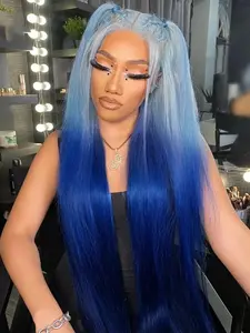 28 Inch Ombre Blue Long Straight Wigs for Women, Gorgeous Fluffy Wigs without Bangs, Glueless Synthetic Wig, Synthetic Lace Front Wigs for Party, Daily Use