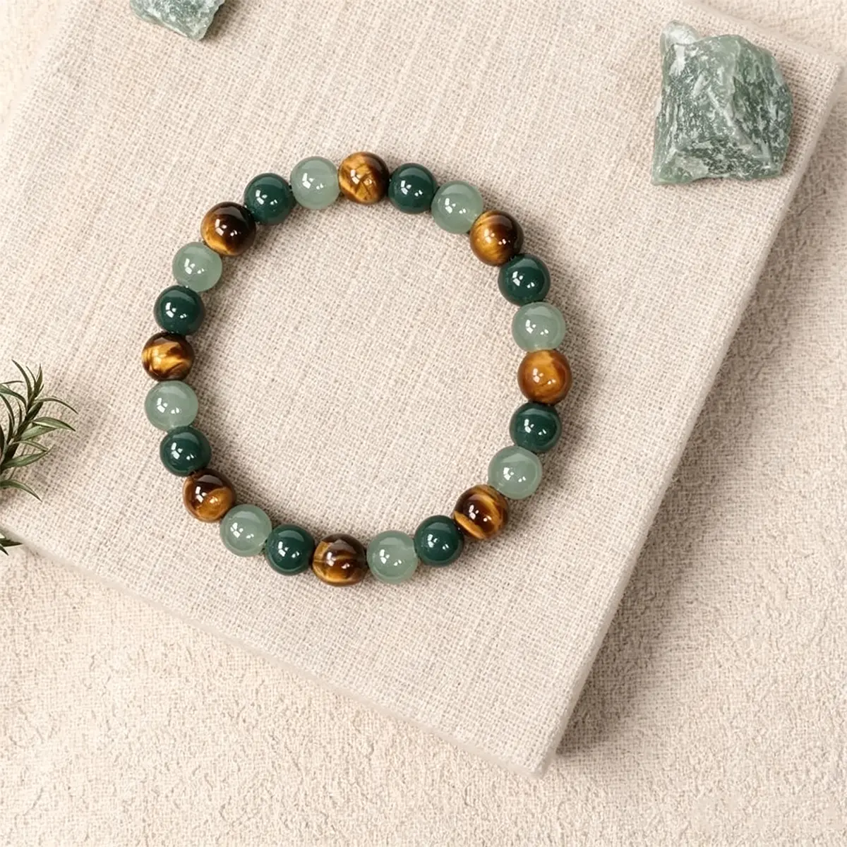 Lucky Crystal Stretch Bracelet, Green Aventurine, Moss Agate & Tiger’s Eye Beads, Prosperity Jewelry for Women and Men