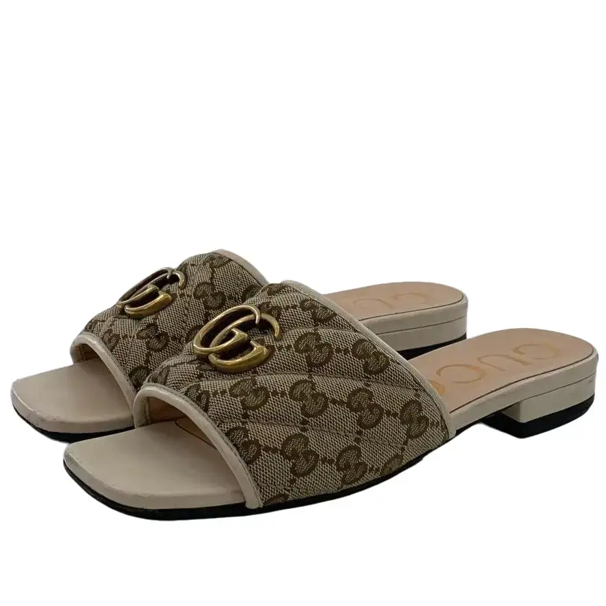 RDLT-Gucci Size 37 Brown All Over Monogram Double G Logo Casual Flat Slide Sandals-H38627