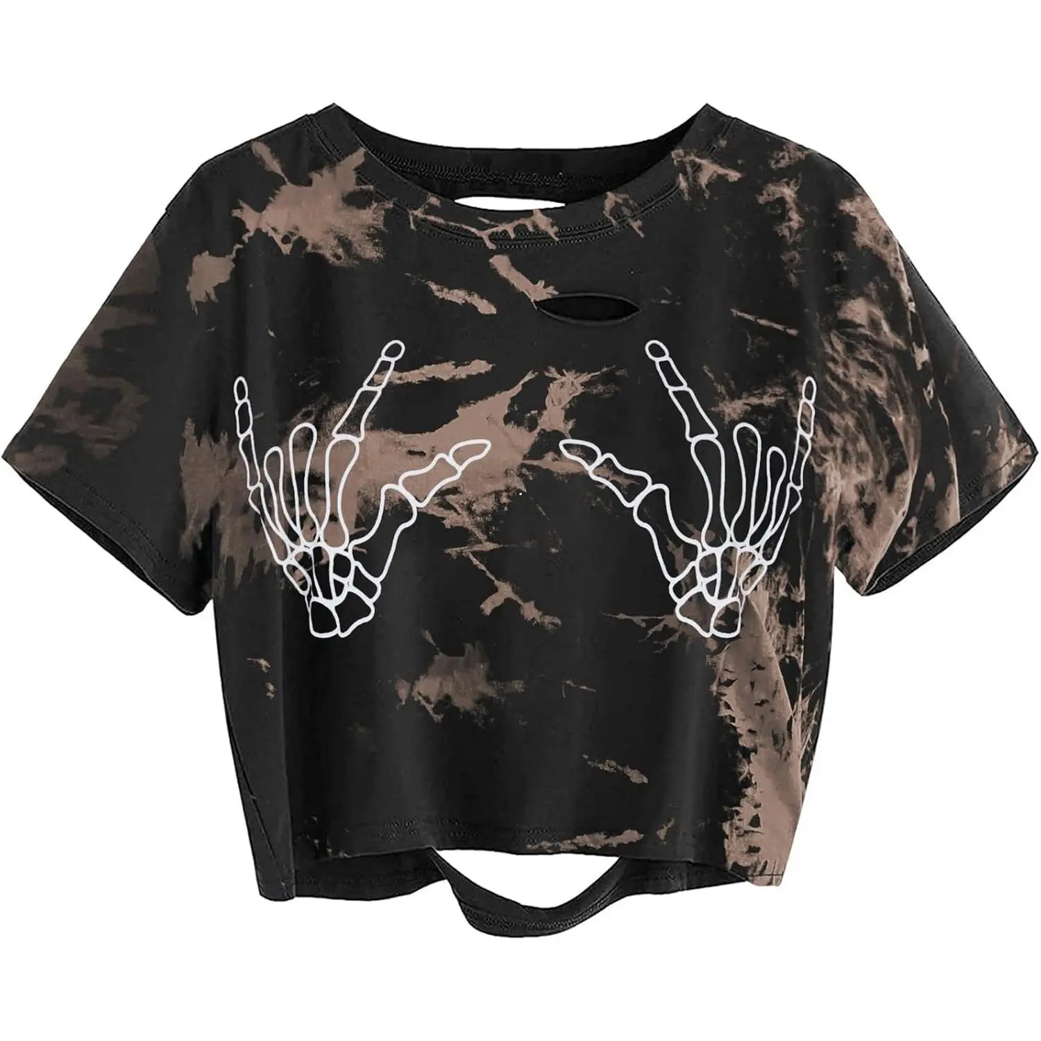 Women's Edgy Distressed Skeleton Fingerprint Print Short-Sleeve Fitted Round Neck Cotton T-Shirt - Casual Streetwear Summer Top, Shortsleeve Tshirt