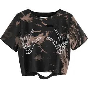 Women Skull Finger Graphic Distressed Tee Shirt Ripped Short Sleeve Crop Tops Womenswear Streetwear Fitted Summer Casual Crewneck Shortsleeve