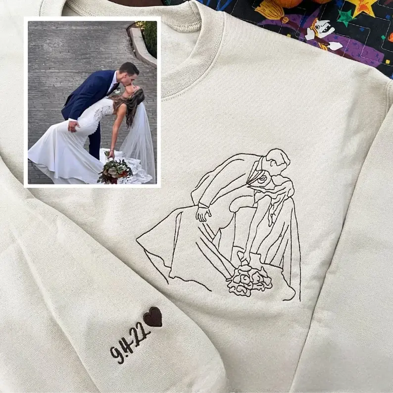 Personalized Embroidered Sweatshirts For Couples With Pictures In Line Art