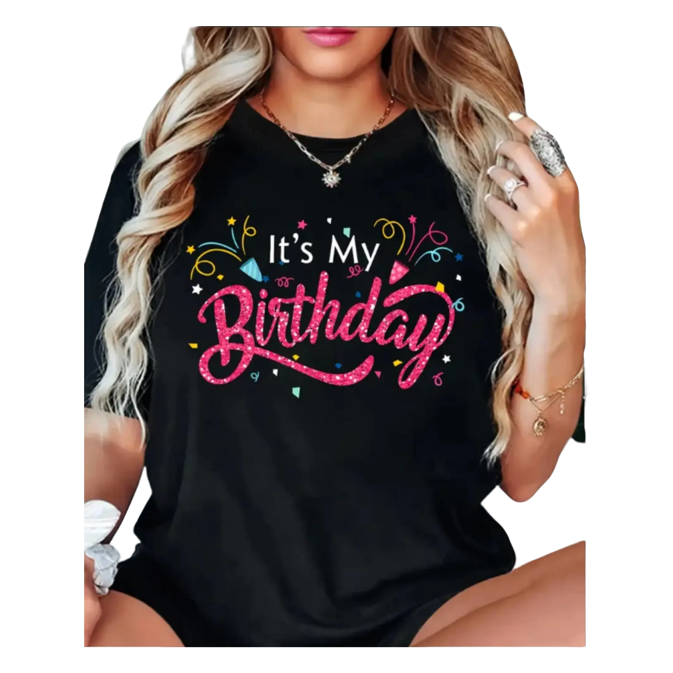 [ 100%Cotton]Unisex Short-Sleeve Cotton T-Shirt, Plus Size Loose-Fit Round Neck Tee with "It's My Birthday" Print, Balloons & Confetti Design, Lightweight All-Season Casual Top for Festive Occasions (Menswear), Shortsleeve, Tshirt