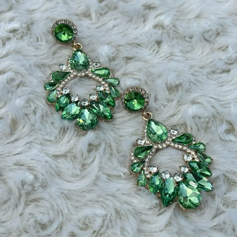 Glamorous Earring with Chandelier-Style Design Featuring Sparkling Green or Pink Gemstones and Small Clear Crystals