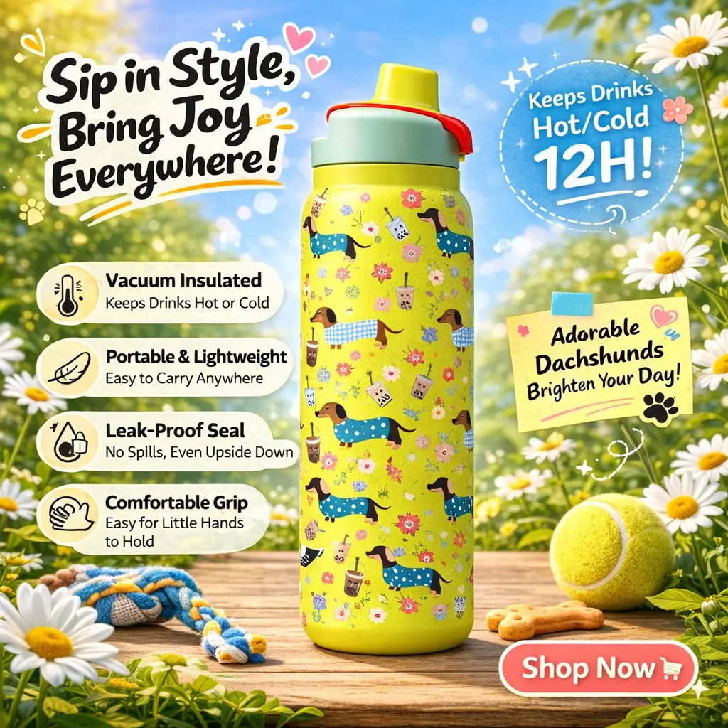 1pc 28oz Dachshund Dog Pattern Insulated Reusable Tumbler with Lid and Straw, Sausage Dog Floral Bubble Tea Design Stainless Steel Vacuum Cup, Hot Cold Travel Mug for Coffee Tea, Daily Use Gift Cup, Drinkware Stylish Flasks, Insulated Cups