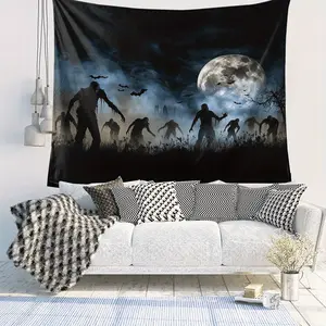 2D Flat, 1pc Zombie Apocalypse Night Haunting Flag Tapestry 3x5ft or 4x6ft - Horror-Themed 2D Printed Zombie Scene Wall Hanging with Brass Grommets for Dorm, Party, Decor - Zombie Invasion Decoration for survivors