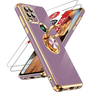 for Moto G Stylus 5G 2021 Case: with Tempered Glass Screen Protector [2 Pack] 360° Rotatable Ring Holder Magnetic Kickstand, Plating Rose Gold Edge Motorola G Stylus 5G 2021 Case, Purple