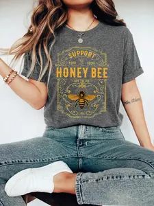 Dark Wash Oversized "SUPPORT YOUR LOCAL HONEY BEE" Vintage Badge Tee - 2026 Trending Eco-Friendly Streetwear, Soft Cotton Fabric Perfect for Farm Markets & Daily Looks