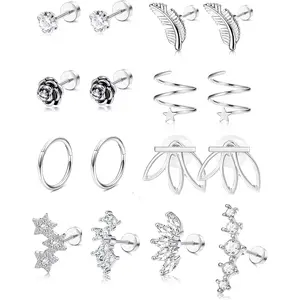 FINREZIO 8 Pairs Silvery Shining CZ Stud Earrings Set for Women Men Hypoallergenic CZ Dangle Stainless Steel Stud Hoop Earrings Trendy Flower Leaf Star Cartilage Piercing Jewelry for Sensitive Ears Party Festival Daily Wear