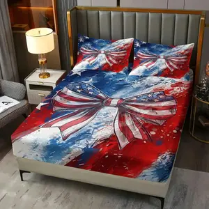 3Pcs Patriotic Flag Bow Tie Fitted Sheet Set, Stylish Red and White Striped Bedding with Stars on Blue, Perfect for July 4th Decor or Fun, Colorful Bedroom Makeover! Includes 2 Pillowcases, No Pillow Core