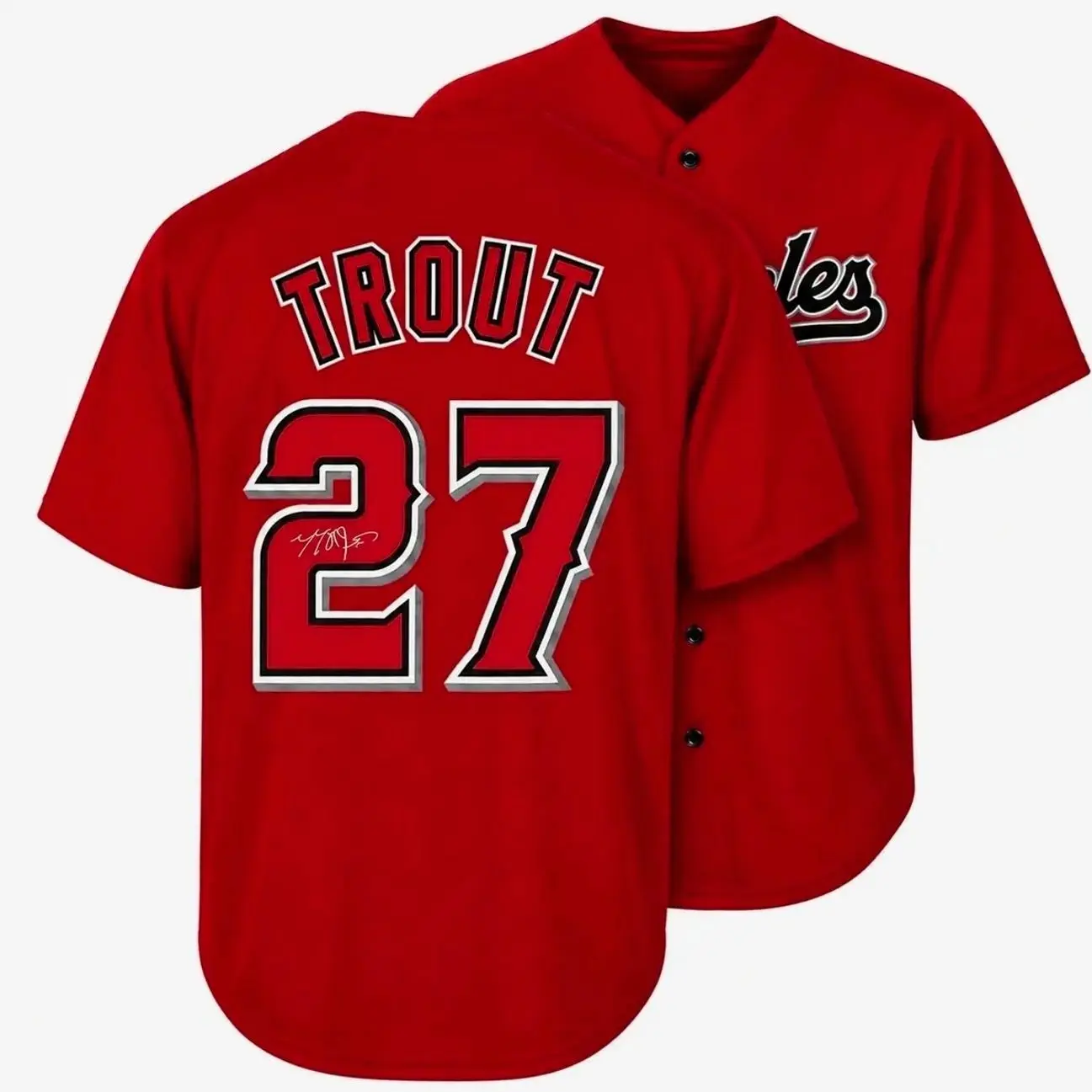 All-over Print Baseball Jersey Without Piping, Black Red Baseball Uniform, Trout #27 Facsimile Autographed Sports Fan Jersey E