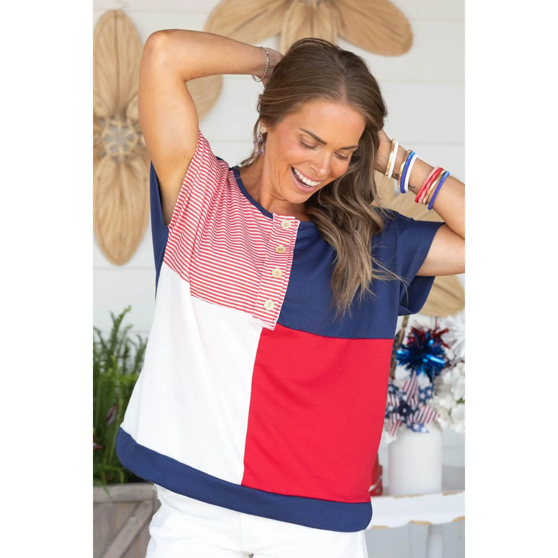 Navy and Red Colorblock Henley Knit Top