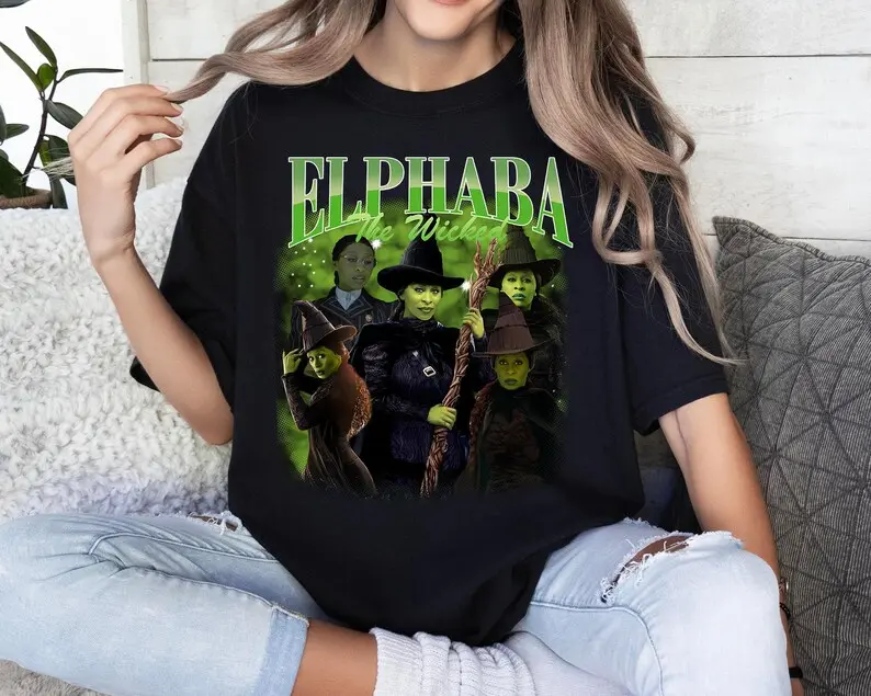 Men's Preppy Wicked Musical Graphic T-Shirt - Unisex 100% Cotton Casual Fitted Classic Fit Short Sleeve Crew Neck Top with Elphaba & Glinda Design, Round Neck, Menswear, Fabric, Chinese New Year, All-Season Cotton For Year-Round Wear, Crew Neck, Clean Lin
