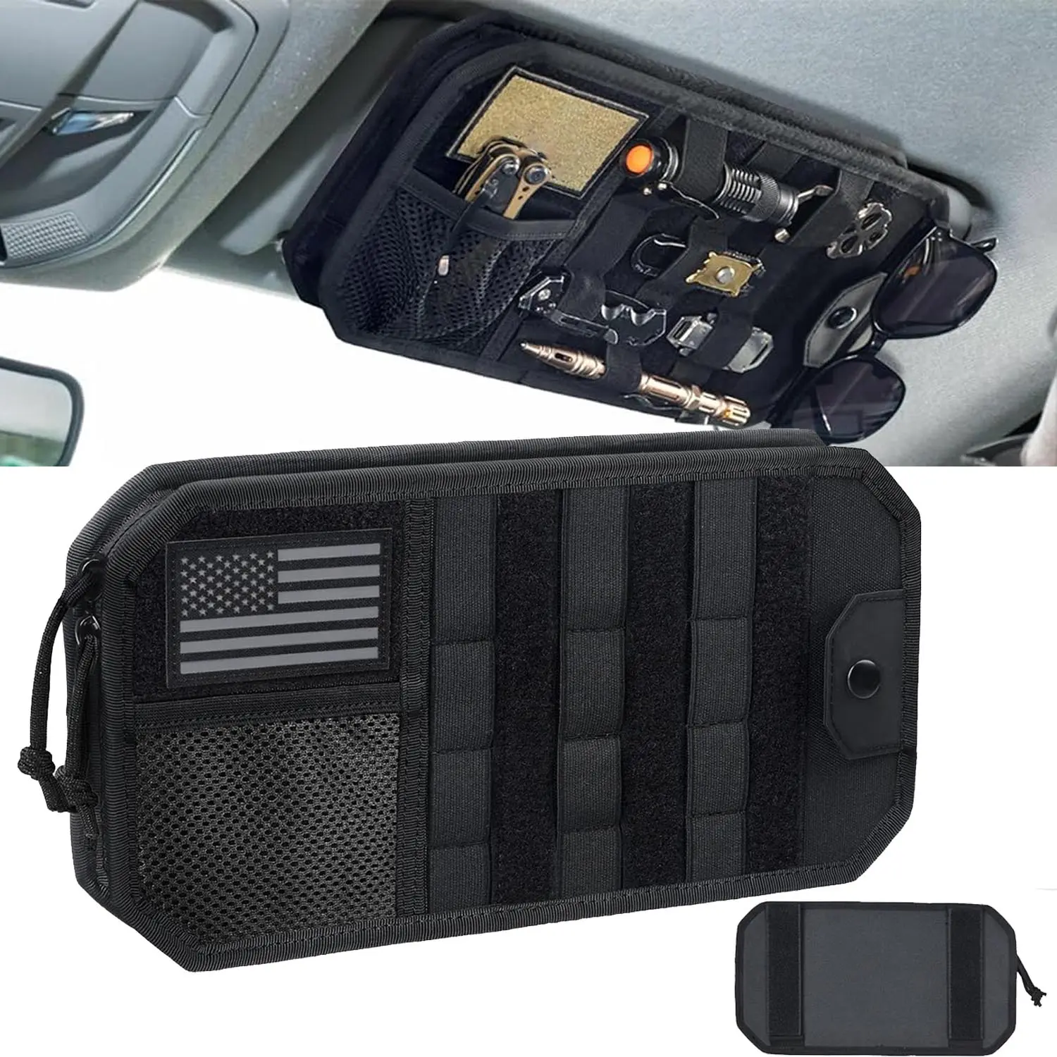 Car Sun Visor Organizer Tactical MOLLE Panel with Hook Fastener, Nylon Zipper Storage Pouch Holder, MOLLE System Vehicle Storage for Universal Vehicle, SUV, Truck Use