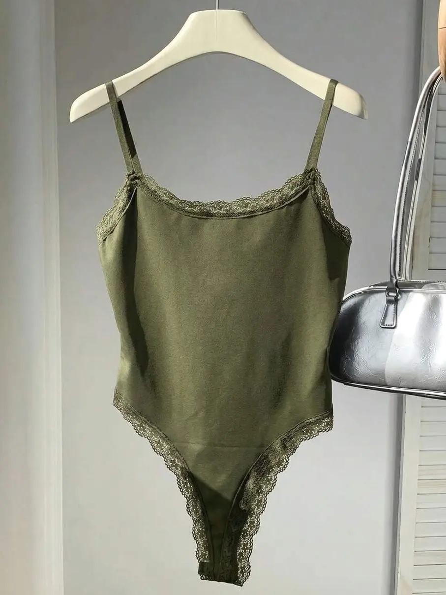 Comfortcana Women's Lace Trimmed Spaghetti Strap Bodysuit