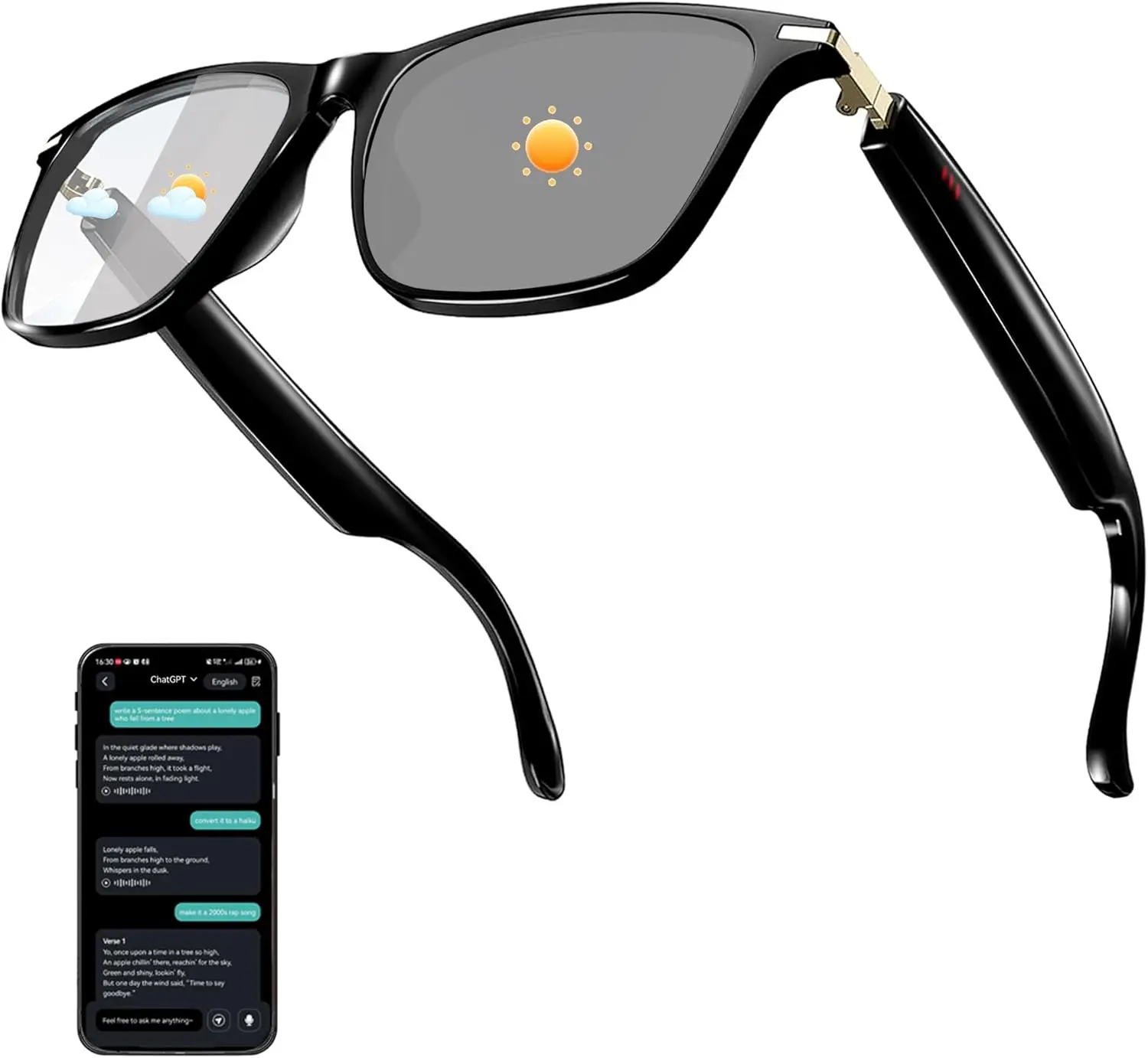 AI Smart Glasses with AI Assistance, Bluetooth, 164+ Languages & Accents, Photochromic Lenses, Open-Ear Audio, Music, Hands-Free Calls, Voice Control, UV & Blue Light Protection for Men-Women