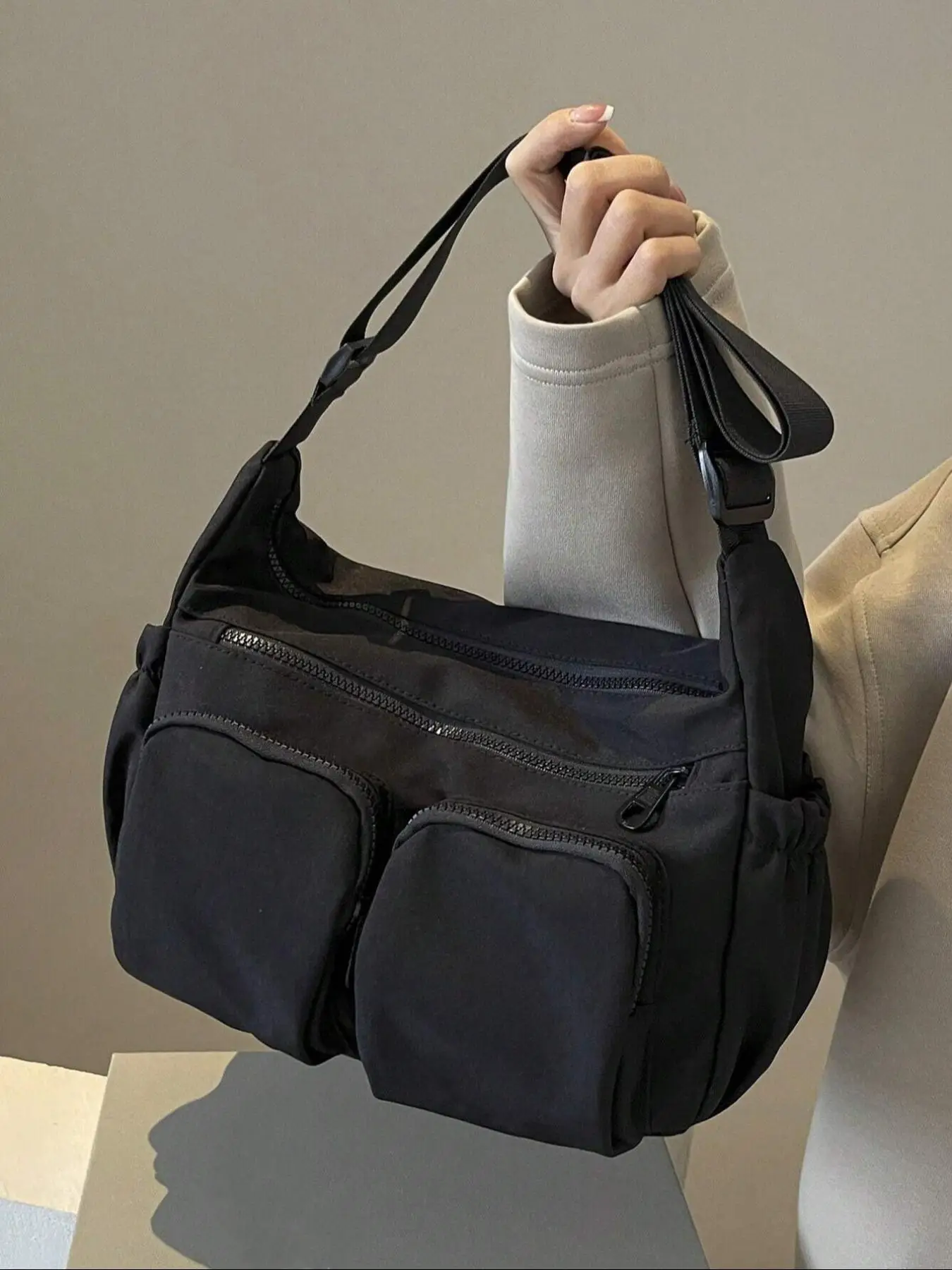 Women's Solid Color Multi-pocket Crossbody Bag, Fashionable Casual Versatile Zipper Shoulder Bag with Adjustable Strap, Trendy All-match Commuter Bag