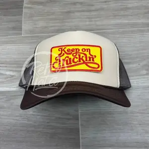 Keep On Truckin’ Patch on Beige/Brown Meshback Trucker Hat