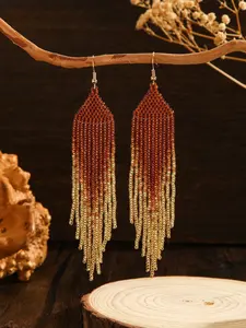 Women's fashionable fringed drop earrings, Bohemian style, brown gradient fringes design, vintage hand-woven earrings, geometric pattern, ideal for daily vacation wear, great gift choice, Boho Style Jewelry