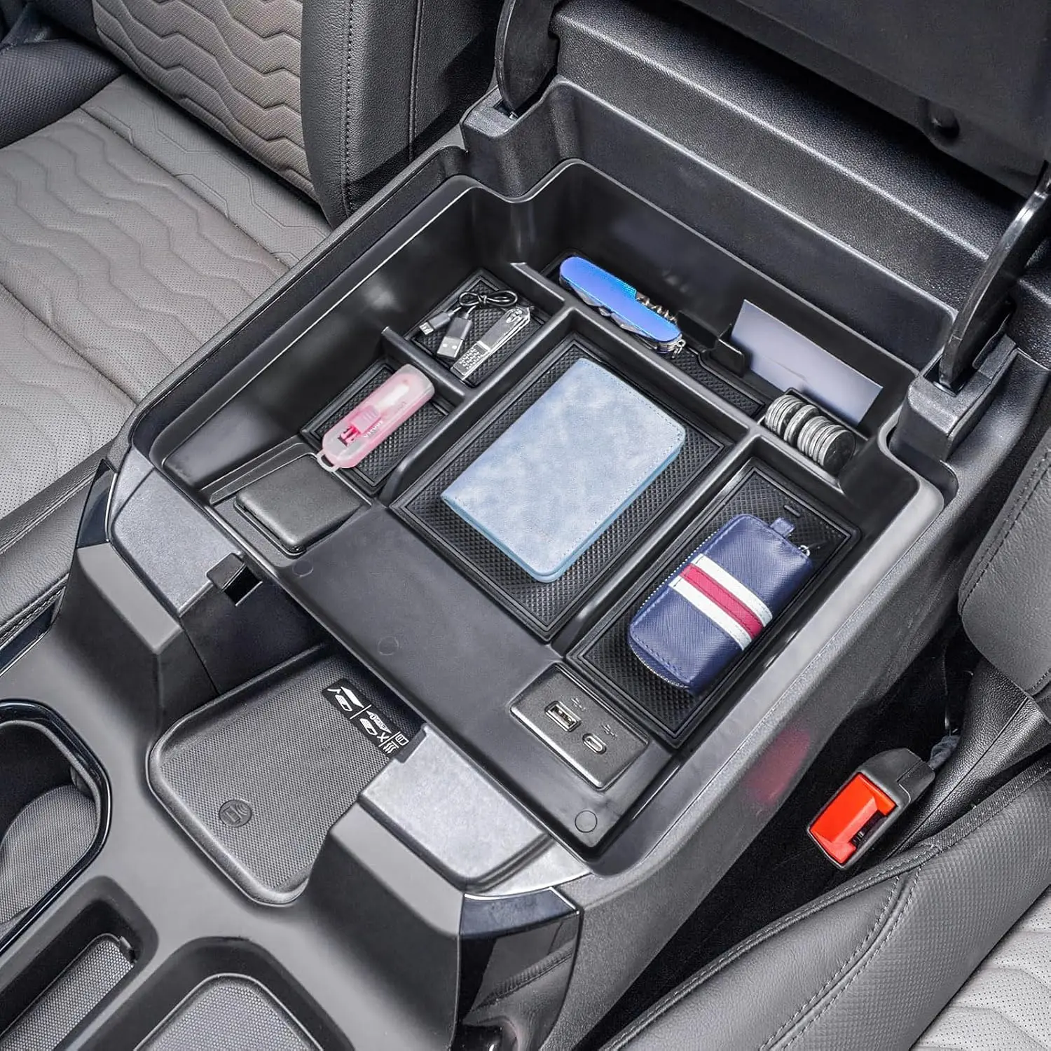 2022+ Refreshed Full Console Tray Compatible with 2023-2025  Sierra 1500/Chevy Silverado 1500 and 2024 2025 2500HD 3500HD Organizer Storage (Full Console w/Bucket Seats ONLY), Black
