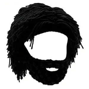 Flash & Finesse Funny Punk Rock Ski Mask with Hair & Beard - Lightweight Comfortable Warm Knitted Full Face Beanie for Men - Novelty Halloween Cosplay Costume Hat, Party Supplies, Accessory for Outdoor Sports (Black)