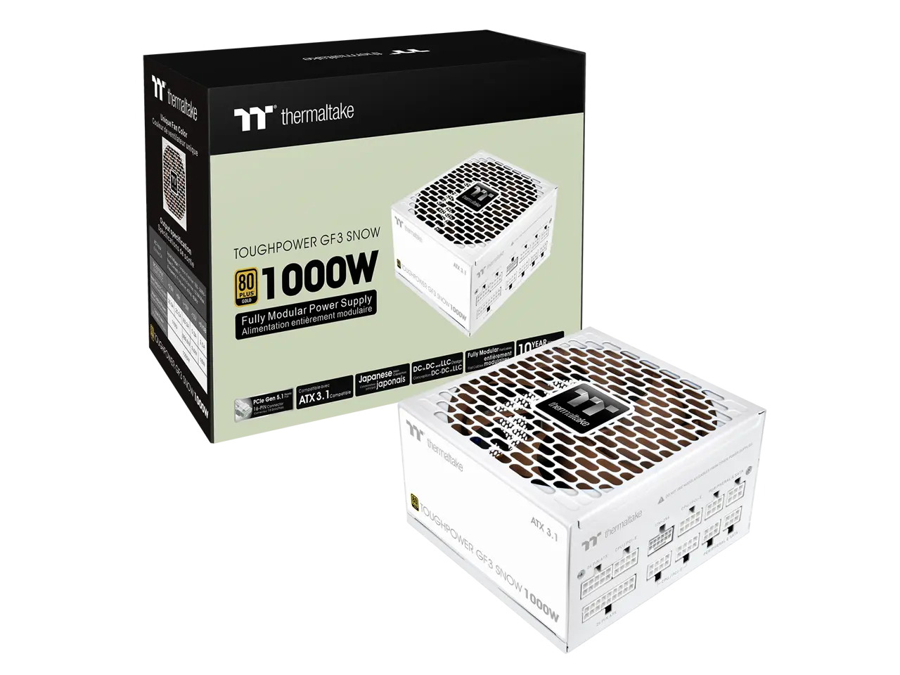 Thermaltake Toughpower GF3 1000W; ATX 3.1; Native PCIe 5.1 12V-2x6; Full Modular; Flat Cables; Color Matched Connectors; Japanese Main Capacitors; Colored Custom 135mm Fan; 80 Plus Gold Certified;Snow