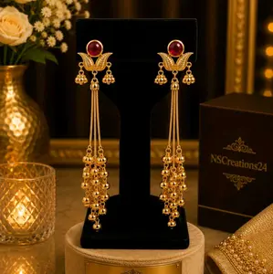 Elegant Kashmiri Style Earrings with Red/Green Gemstones and Gold Tassels for Special Occasions