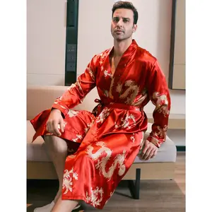 Men's Red Satin Dragon Print Robe | Luxury Soft Smooth Fabric | Elegant Adjustable Waist Tie | Comfortable Mens Lounge Nightwear Home Wear Essentials pajama men pajamas fitted hat guy Funny Bear & Bigfoot Pajama Pants