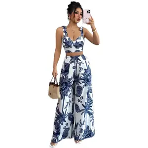 Women Sexy V Neck Printed Camisole Top High Waist Loose Wide Leg Pants Set Summer Outfit