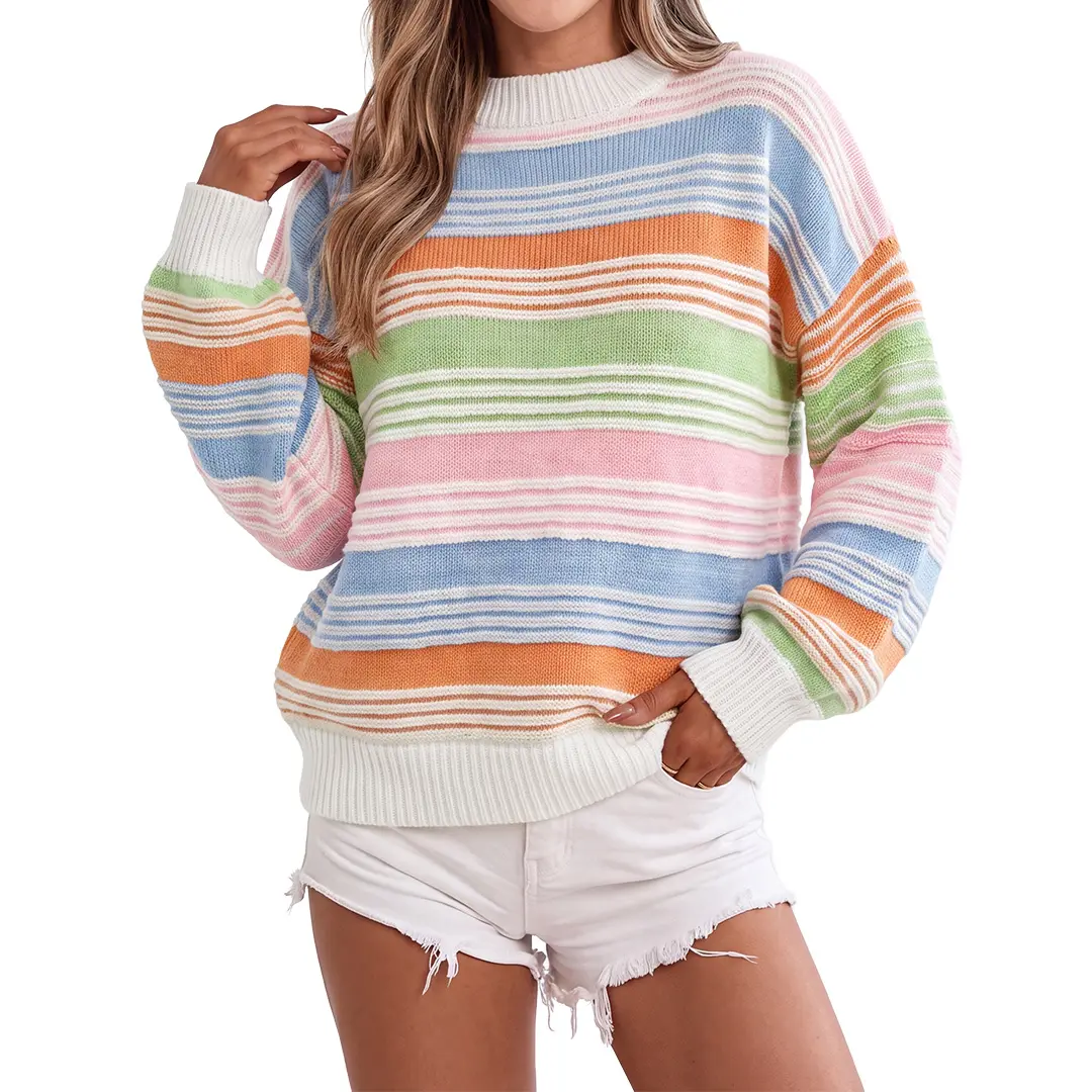 Shewin Pullover Sweater for Women, Casual Striped Pure Cotton Knit, Loose Fit Hip-Length Tunic with Drop Shoulders and Ribbed Cuffs, Cold Wash, Stretch Fabric
