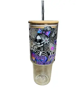 Sip Tok Vibes! 2025 40oz Glass Tumbler with Unique Skeleton " Difficult but Expensive and Talks Back" Design and Bamboo Lid and a Glass Straw Bottle Drinkware