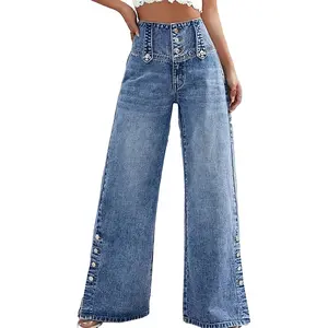 High Waist Wide Leg Jeans with Metal Button Decoration Vintage Washed Blue Loose Fit Women's Fashion Denim Pants