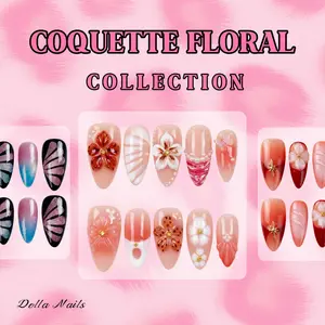 Summer Luxury Reusable Press On Nails, 3D Floral Almond Fake Nails, salon quality & long lasting.Cute pastel summer aesthetic, luxe glitter elegant design, natural fit for daily wear、Princess Nails