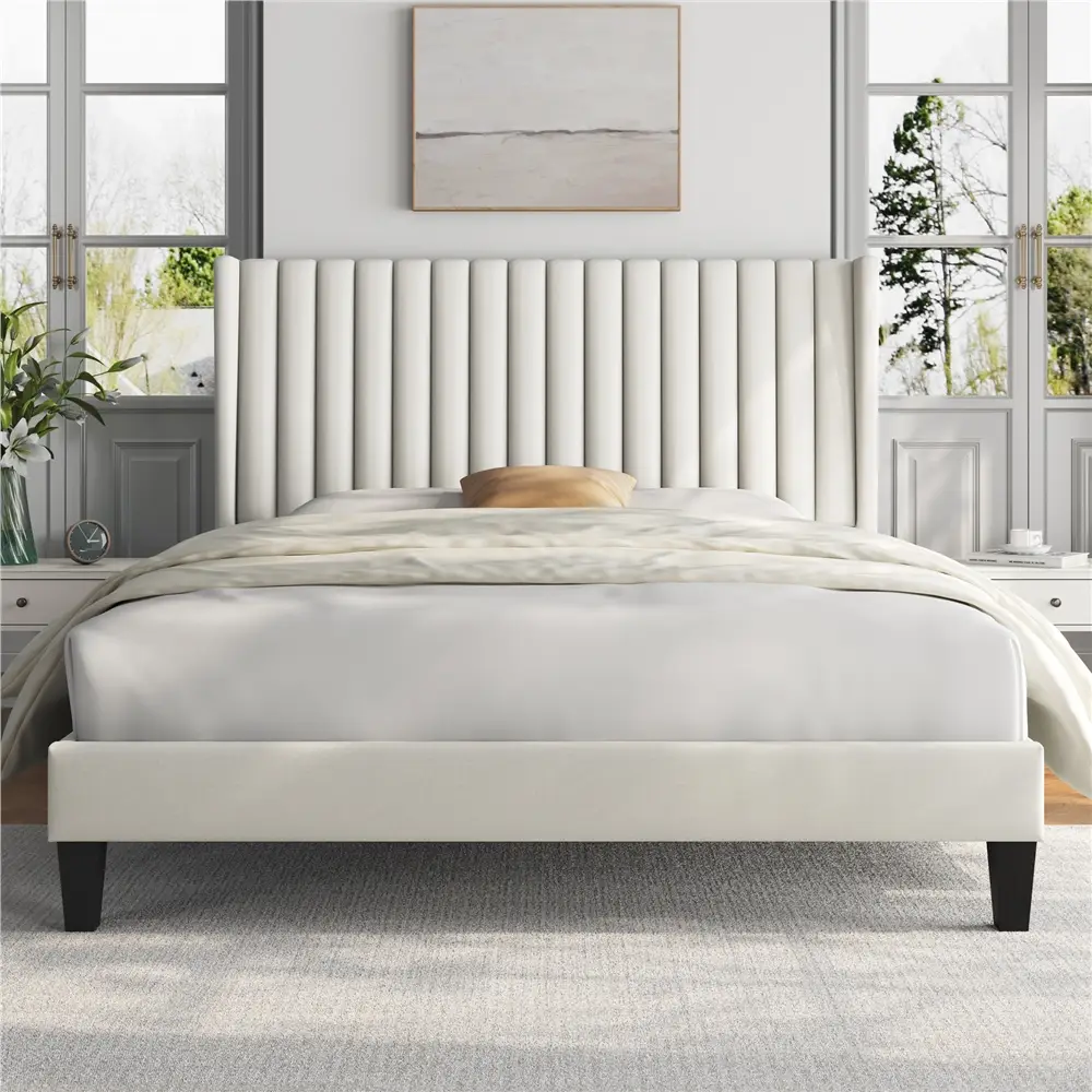 Yaheetech Queen Bed Frame Upholstered Platform Bed with Fabric Headboard, Wing Edge Design/Non-Slip and Noise-Free/Wooden Slats Support/No Box Spring