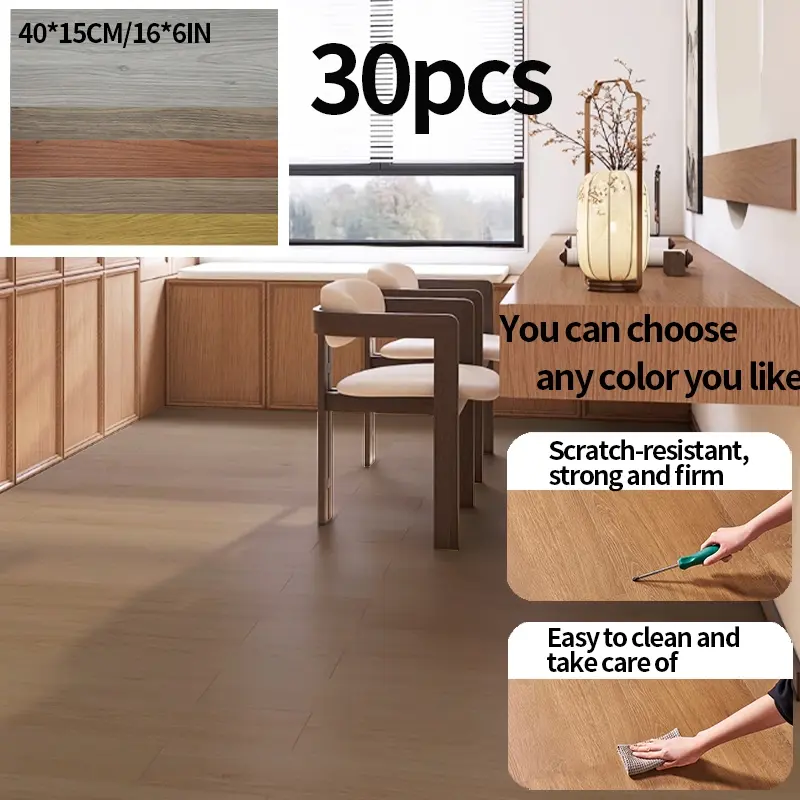 30pcs Glossy PVC Self-Adhesive High Glossy Wood Grain Pattern Peel and Stick Floor Stickers Waterproof Oilproof Flooring Patchwork, Universal Home Use