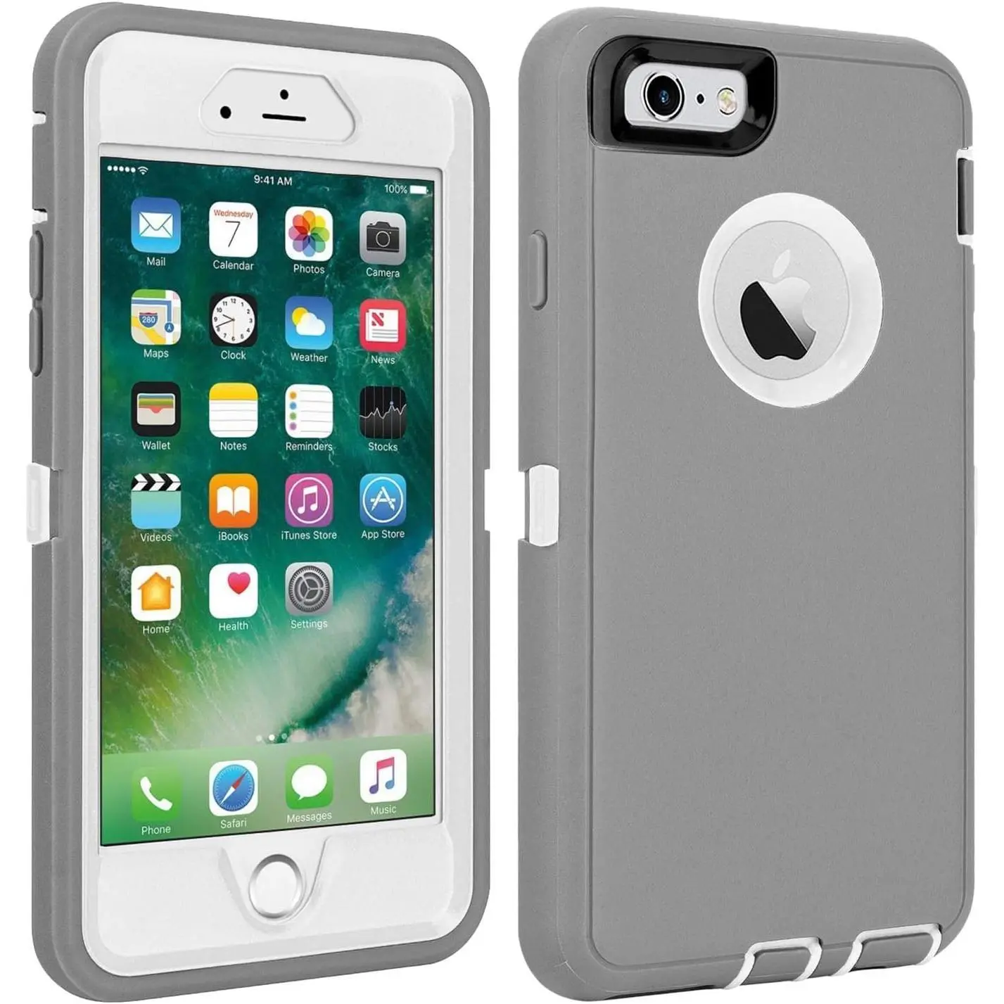 for iPhone 6/6S Case Heavy Duty Shockproof High Impact Tough Rugged Hybrid Rubber Triple Defender Protective Anti-Shock Silicone Mobile Phone Cover for iPhone 6/6S 4.7"(Gray White)