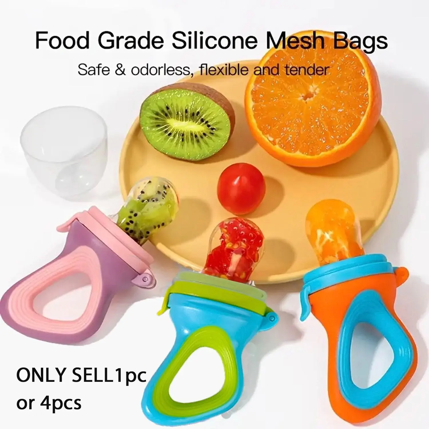 Baby Silicone Fruit Feeder Set (1 Piece/4 Pieces), Feeding Aid, Includes Easy Grip Handle and 3 Replaceable Mesh Bags, Nutritious Baby Food Tool