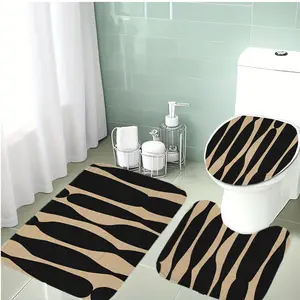 Zebra Texture Bathroom Mat Set, & Soft, Non-Slip Flannel Material, Includes Toilet Lid Cover & U-Shaped Pad, Holiday Decor
