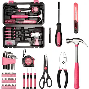 Pink Tool Set for Women, Household Small Tool Set with Storage Toolbox for Home Repairs, Hand Tool Kit for College, Dorm, Office