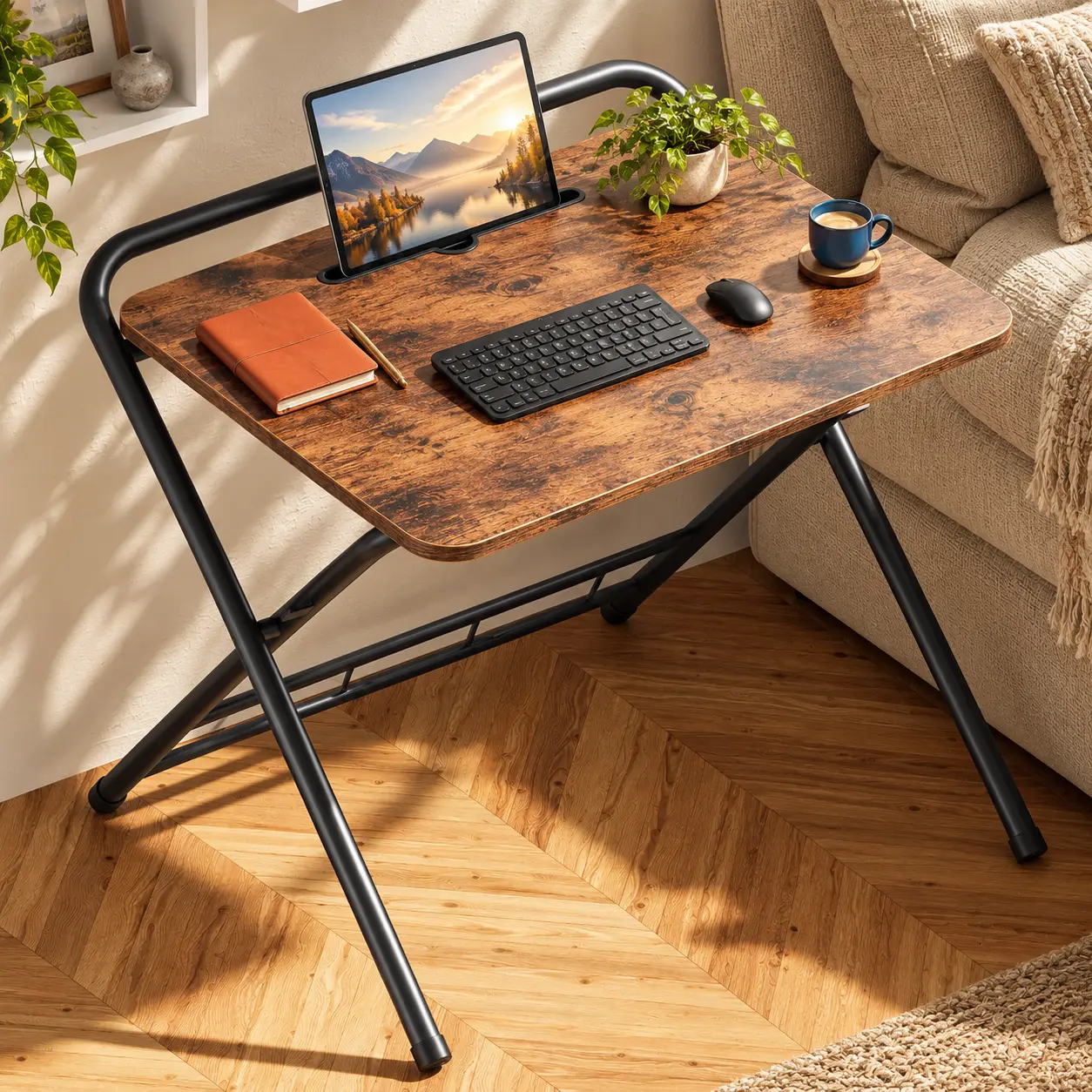 IRONCK 3-Level Adjustable Height Folding Desk, Space-Saving Foldable Computer Table with Tablet Slot, Folds Flat for Easy Storage, Compact Laptop Desk for Home Office & Small Spaces, Brown or Black