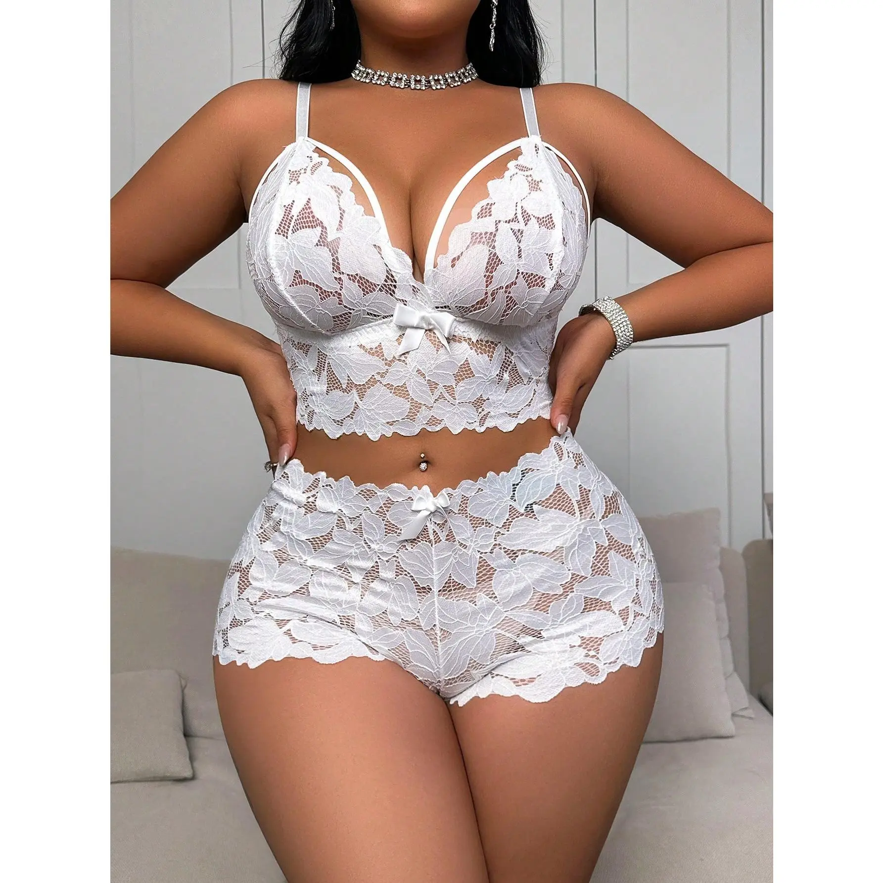 Curvy Women Plus Size 2-Piece Lace Lingerie Set Strappy Bralette Crop Top High Waist Boyshorts Curvy Women Plus Size 2-Piece Lace Lingerie Set Strappy Bralette Crop Top High Waist Boyshorts