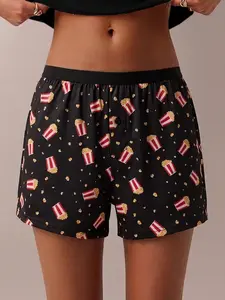 Women's Cartoon Popcorn Bucket Shorts, Casual Sleeveless Fitted Pants, Spring & Fall, Comfortable and Trendy, Perfect for Daily Wear