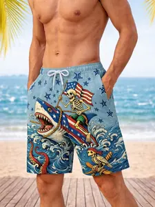 American Flag Skull on Shark Print Beach Shorts for Men - Quick-drying and Breathable Swimming Shorts