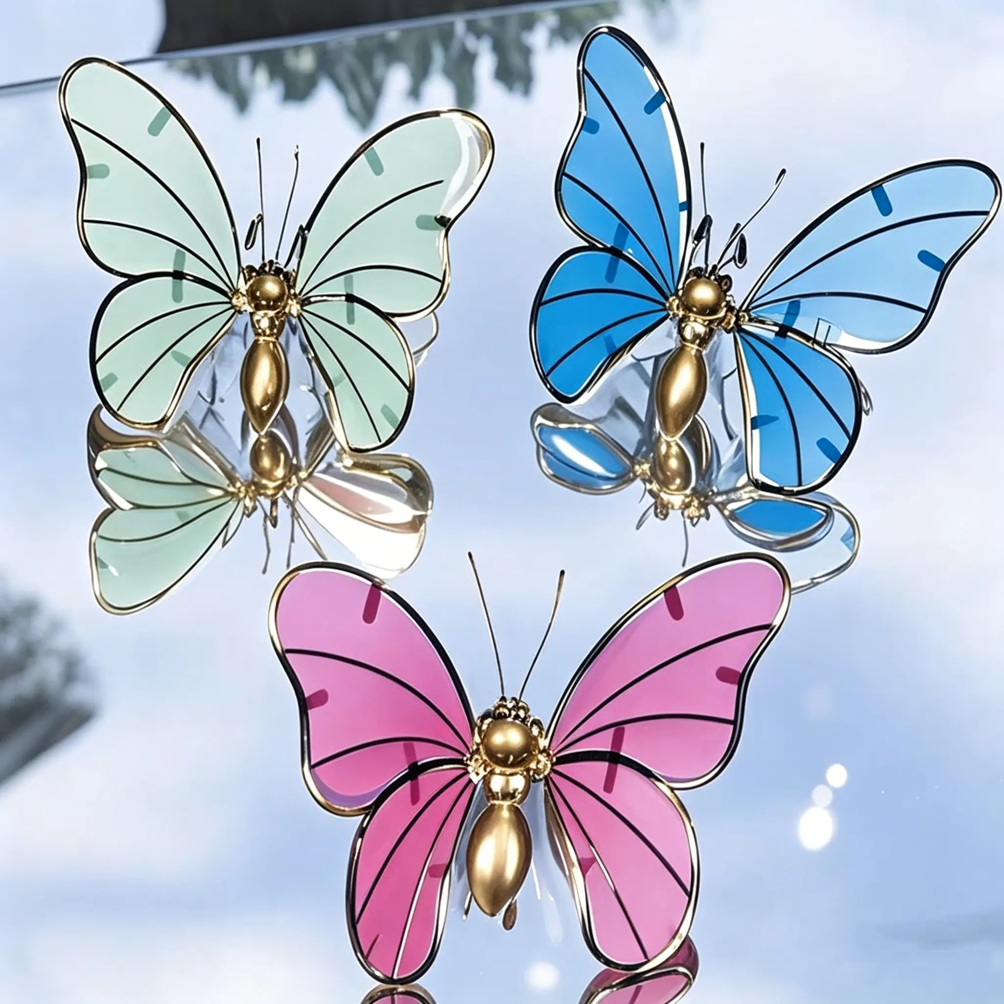 Glow-in-the-dark metallic acrylic butterfly planters; wall-mounted garden planters; decorative, illuminated accents; hanging ornaments; landscape features