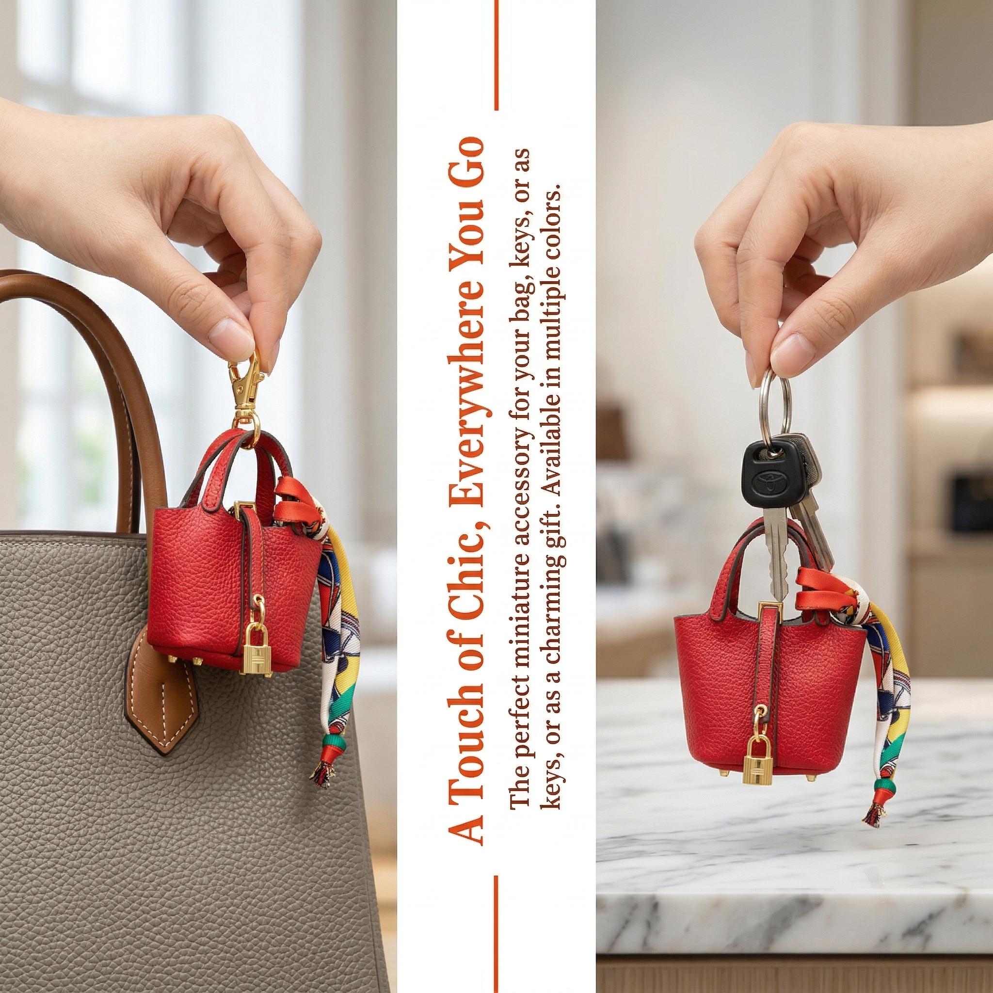 Mini Vegetable Basket Bag Pendant Keychain - High Quality Leather with Colorful Strap, Cute Car Keychain & Bag Charm Accessory